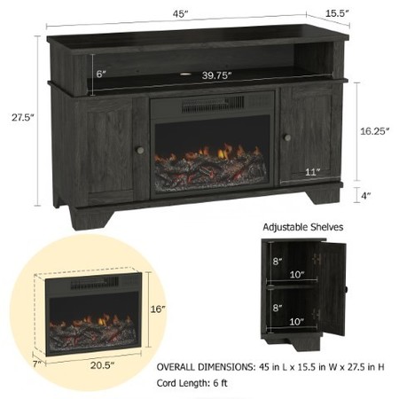 Hastings Home Electric Fireplace 47-inch TV Stand with Cabinets, Shelves, Remote Control and LED Flames (Black) 896583JEW